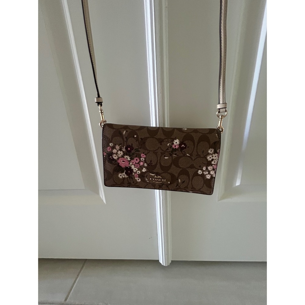 Coach Signature Floral Print Crossbody Bag Brown Pink Monogram Wallet Clutch - Picture 2 of 10